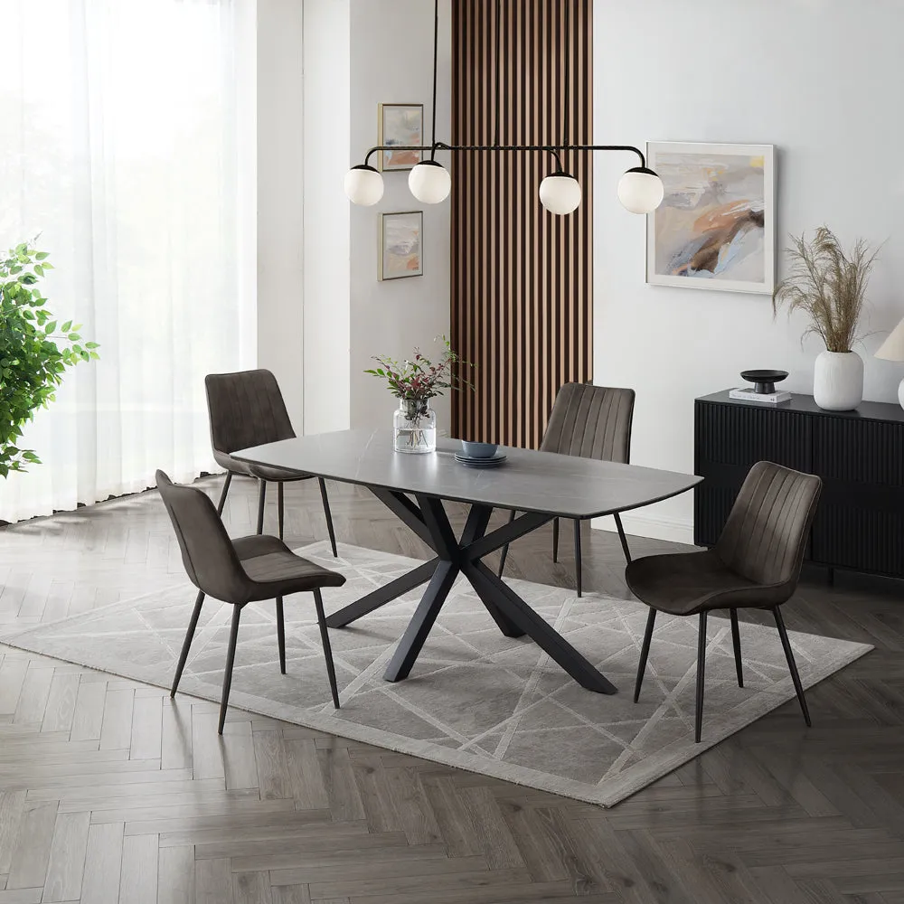 Verona Grey 150cm Ceramic Dining Table & 4 Girona Chairs, Grey Velvet Chair