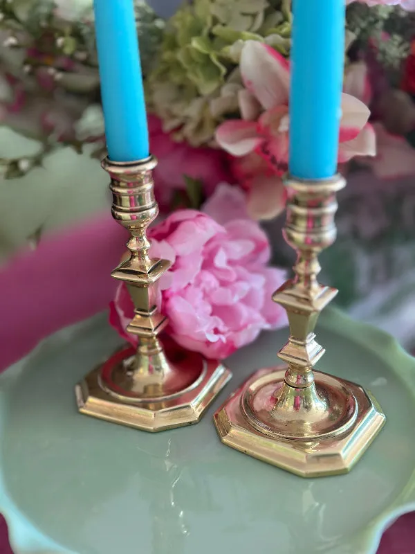 Vintage Brass Candlesticks, Pair, Octagon Base