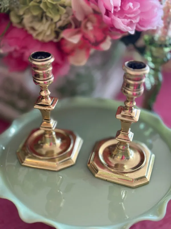 Vintage Brass Candlesticks, Pair, Octagon Base