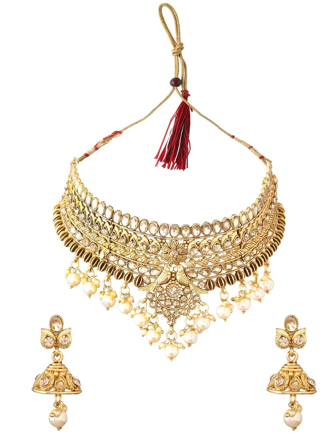 Yellow Chimes Traditional Kundan Pearl & Gold Necklace Set for Women | Choker Necklace | Bridal & Haldi Jewelry | Temple Neck Set