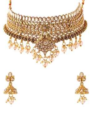 Yellow Chimes Traditional Kundan Pearl & Gold Necklace Set for Women | Choker Necklace | Bridal & Haldi Jewelry | Temple Neck Set